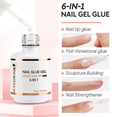 Nicedeco Hema Free Nail Glue Gel for Acrylic Nails 15ML, Cruelty Free, Vegan, Long-Lasting 6 in 1 Brush On Glue for False Nails Tips Led Lamp Required