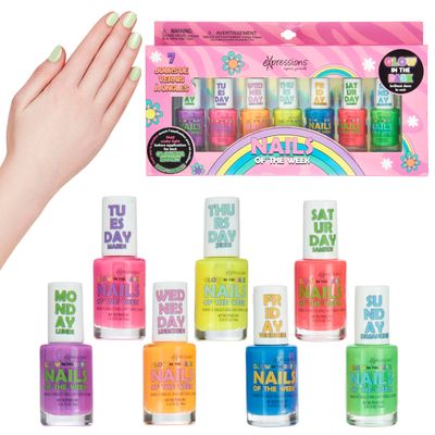 EXPRESSIONS 7pc Nails Of The Week Kit - Colorful Nail Polish Set For Girls - Assorted Glow In The Dark Nail Polishes, Water-Based Nail Polish, Safe and Non Toxic Manicure Set &amp; Pedicure Kit