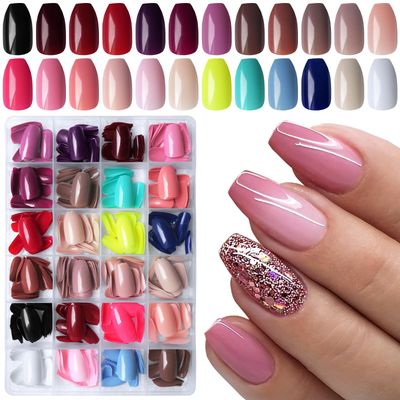 LoveOurHome 576pc Coffin Press on Nails Short Fake Nails Full Cover Colored Artificial Fingernails Ballerina False Acrylic Nail Tips 24 Glossy Colors Press on Nails for Women Girls