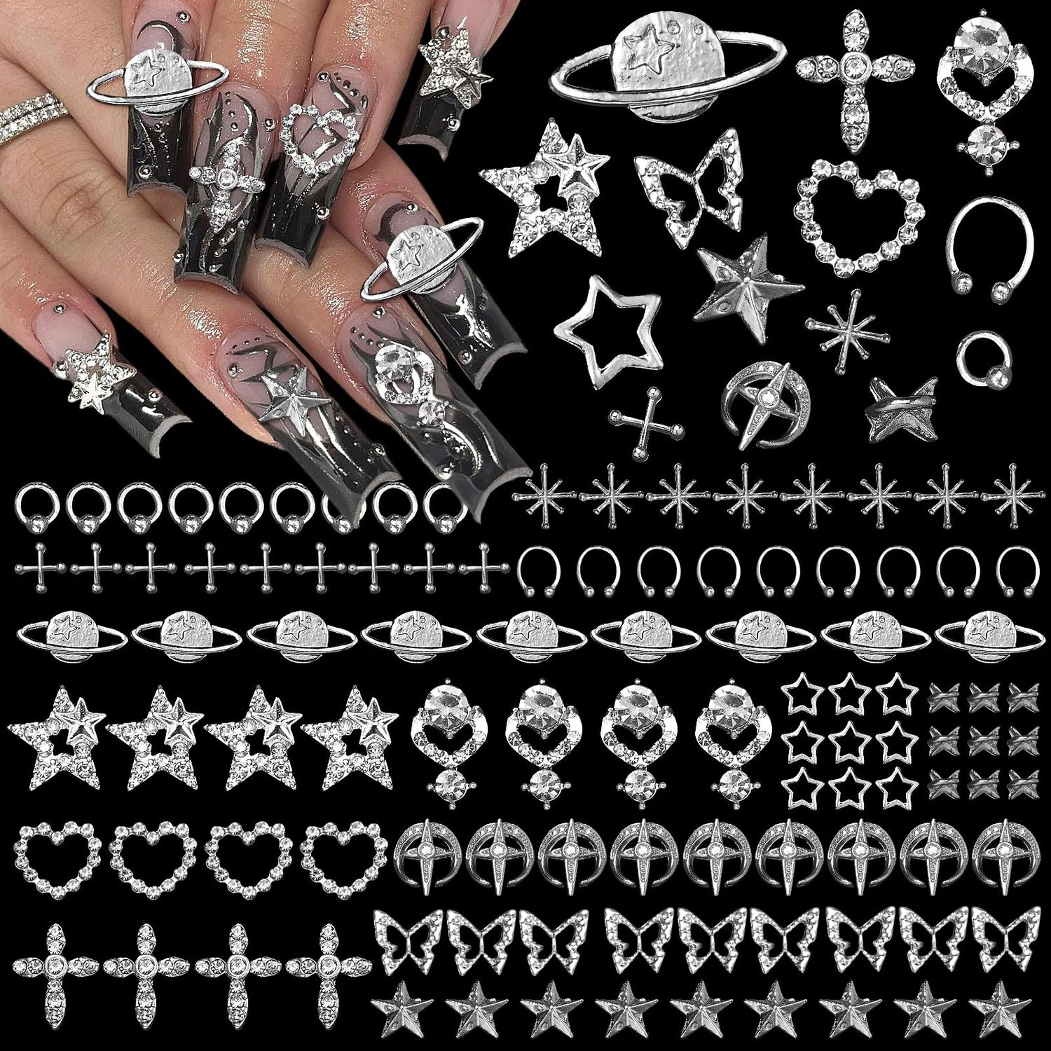 120 Pcs Silver Nail Charms Y2K, 3D Star Cross Nail Rhinestones Charms, Punk Butterfly Planet Nail Gems for Nails Art Accessories