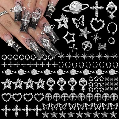 120 Pcs Silver Nail Charms Y2K, 3D Star Cross Nail Rhinestones Charms, Punk Butterfly Planet Nail Gems for Nails Art Accessories