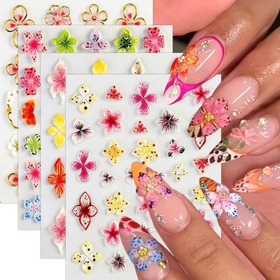4Pcs Hawaiian Flower Nail Stickers 5D Embossed Lily Flower Stickers for Nails Self Adhesive Hibiscus Floral Nail Decals Summer Flower Nails Design Floral Nail Supplies Tropical Nail Decor for Women
