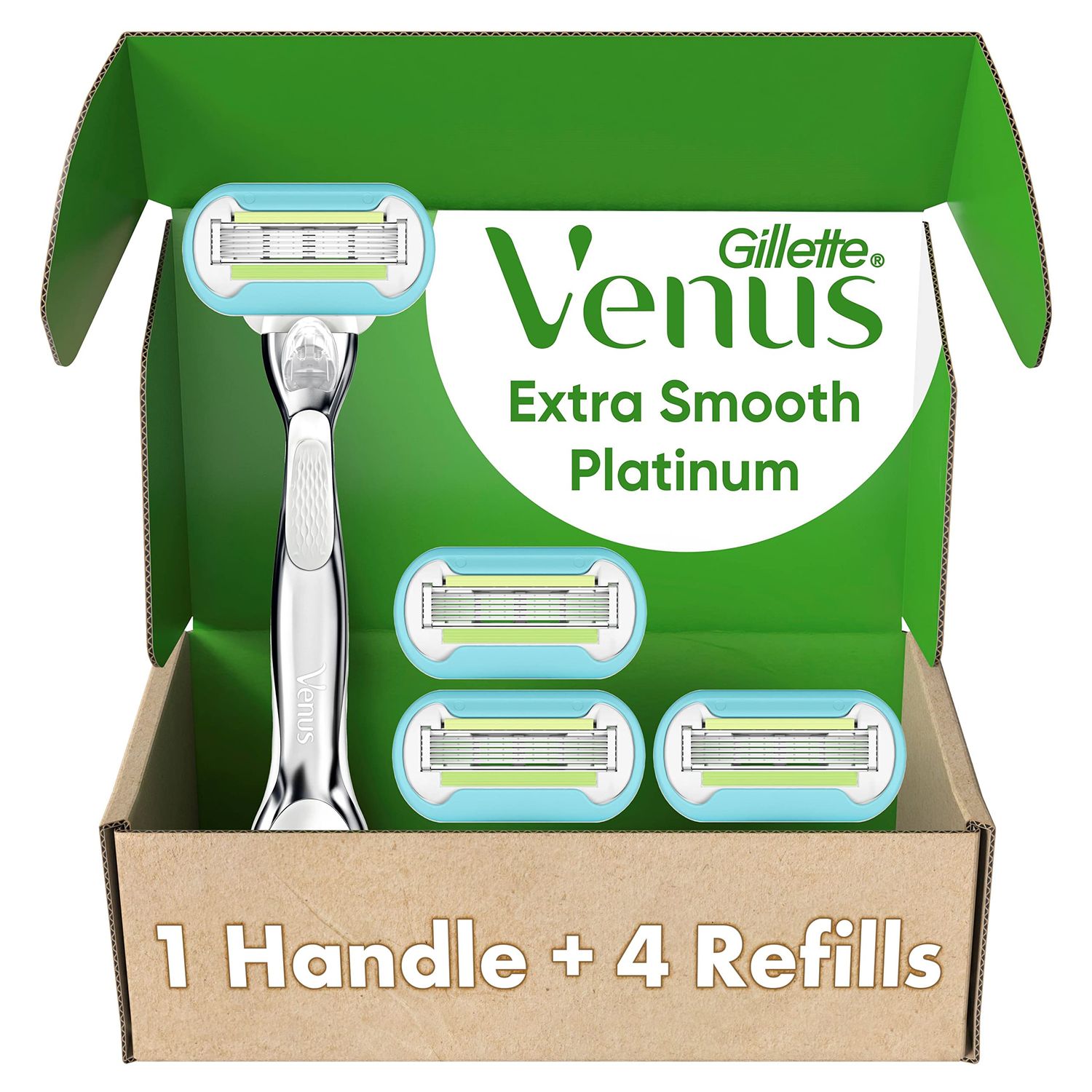 Gillette Venus Platinum Extra Smooth Metal Handle Womens Razor Handle 4 Blade Refills, Pivoting Head and Ribbon of Moisture