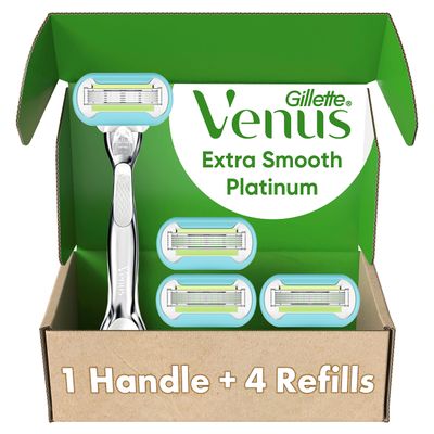 Gillette Venus Platinum Extra Smooth Metal Handle Womens Razor Handle 4 Blade Refills, Pivoting Head and Ribbon of Moisture