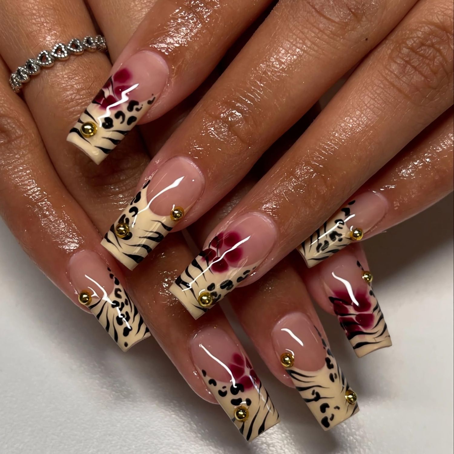 BABALAL Square Press on Cheetah French Tip Metallic Ball Charm Y2k Acrylic Flower Squoval Manicure Artificial Nails - 24pcs