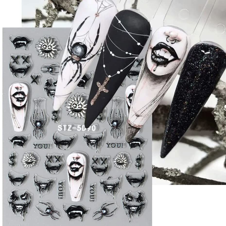 5D Embossed Halloween Nail Art Stickers Day of Death Black Lip Nail Sticker Decal Nail Art Decoration Supplies Horror Spooky Spider Evil Eye Skull Bone Halloween Self-adhesive Nail Design for Women...