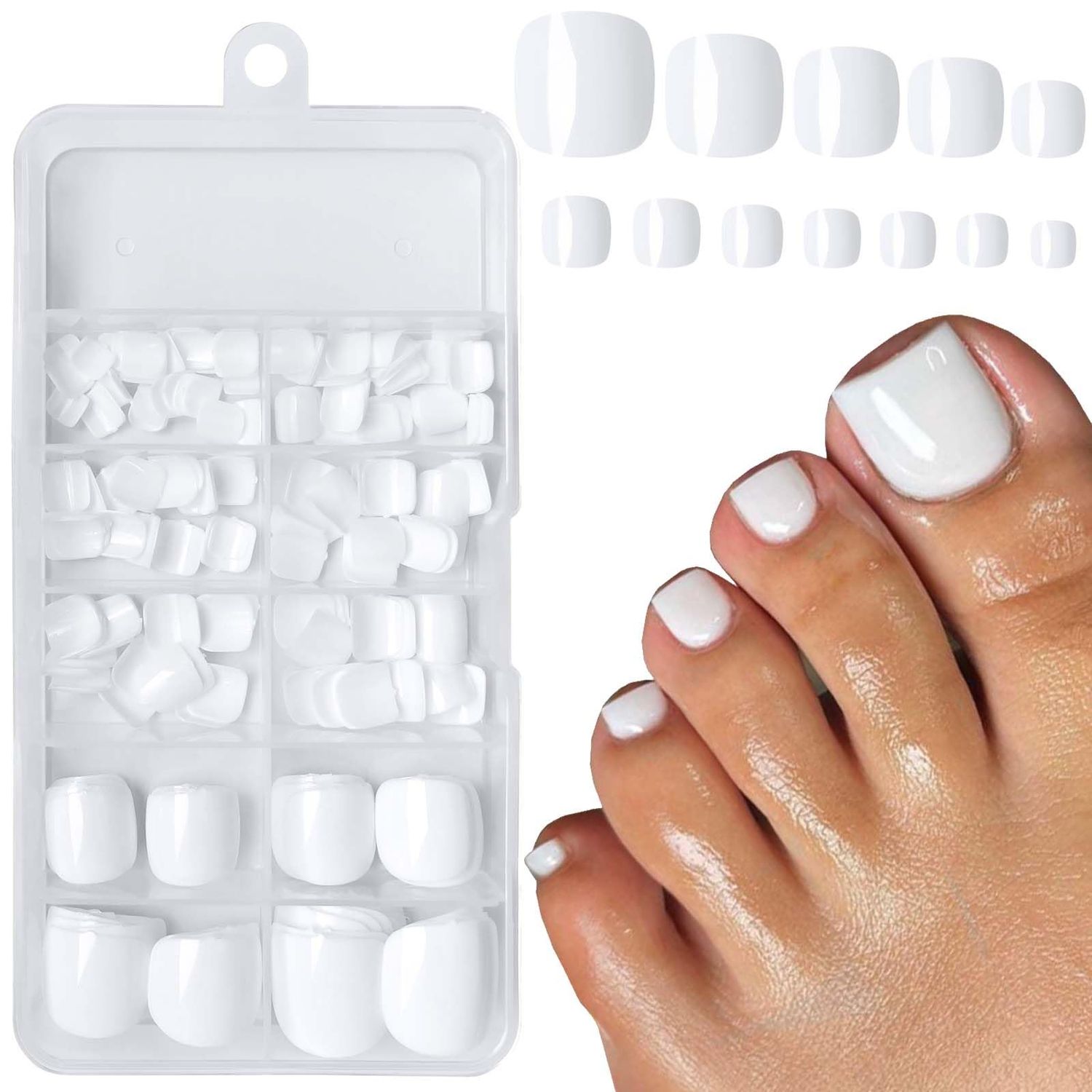 LuckForever White Press on Toenails Women Fake Toenails with Gue Tabs, White Toenails Press ons Toe Nails Glue on Toenails Artifical Toe Nail Tips 240pc False Toenails with Adhesive Nail Tabs File