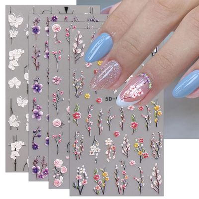 JMEOWIO 3D Embossed Flower Nail Art Stickers Decals Self-Adhesive 5D Spring Summer Flora Nail Supplies Nail Art Design Decoration Accessories 4 Sheets