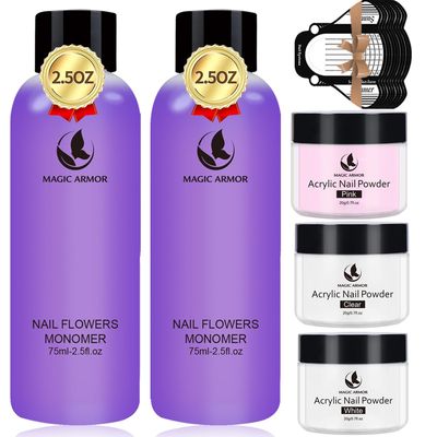 MAGIC ARMOR Acrylic Liquid Monomer and Acrylic Powder Set - 3 Colors Acrylic Powder Clear Pink White Professional Acrylic Monomer Liquid 5oz Acrylic Nail System For Acrylic Nails (150ML3 COLORS)