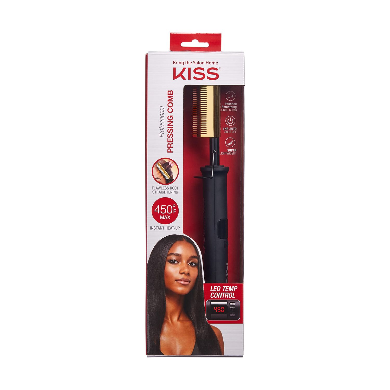 KISS Professional Pressing Comb with Polished Gold Smoothing Comb, Safety Stand, Digital LED Temperature Display, &amp; Tangle Free 360 Swivel Cord