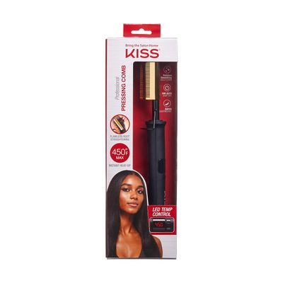 KISS Professional Pressing Comb with Polished Gold Smoothing Comb, Safety Stand, Digital LED Temperature Display, &amp; Tangle Free 360 Swivel Cord