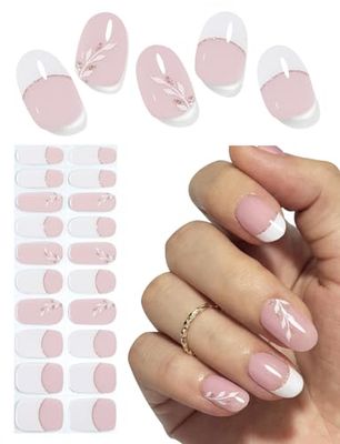 Semi Cured Gel Nail Strips, 20pcs French Leaf, Glitter, Gel Nail Stickers UV for Home Nails DIY