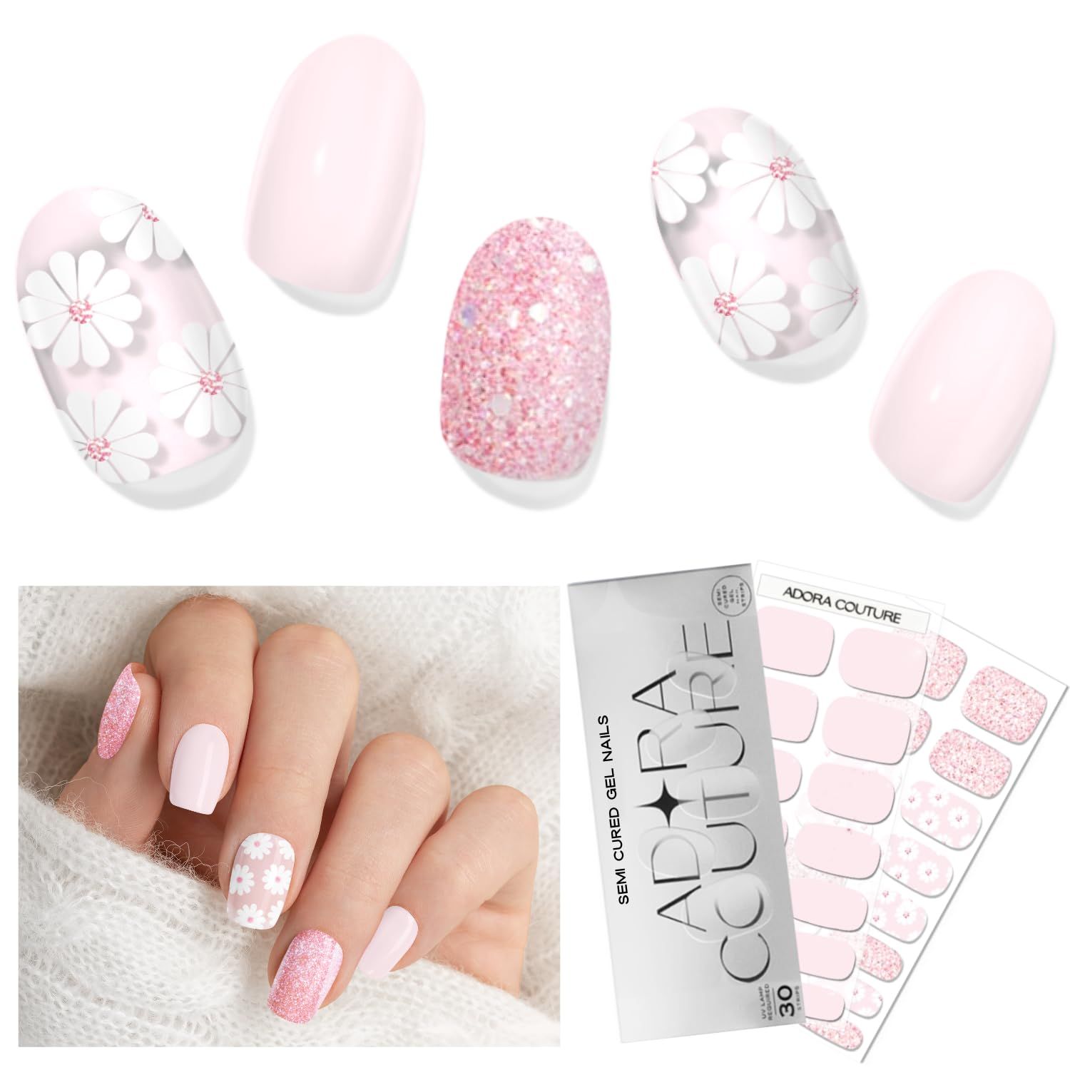 Adora Couture Semi Cured Gel Nail Strips with 30 Pieces, Salon Quality Wraps, Soft Pink with White Flower Gel Nail Stickers, UV Light Required, Charming Daisy