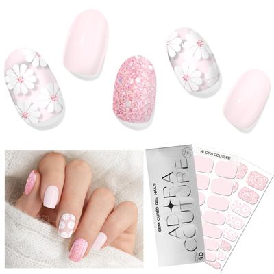 Adora Couture Semi Cured Gel Nail Strips with 30 Pieces, Salon Quality Wraps, Soft Pink with White Flower Gel Nail Stickers, UV Light Required, Charming Daisy