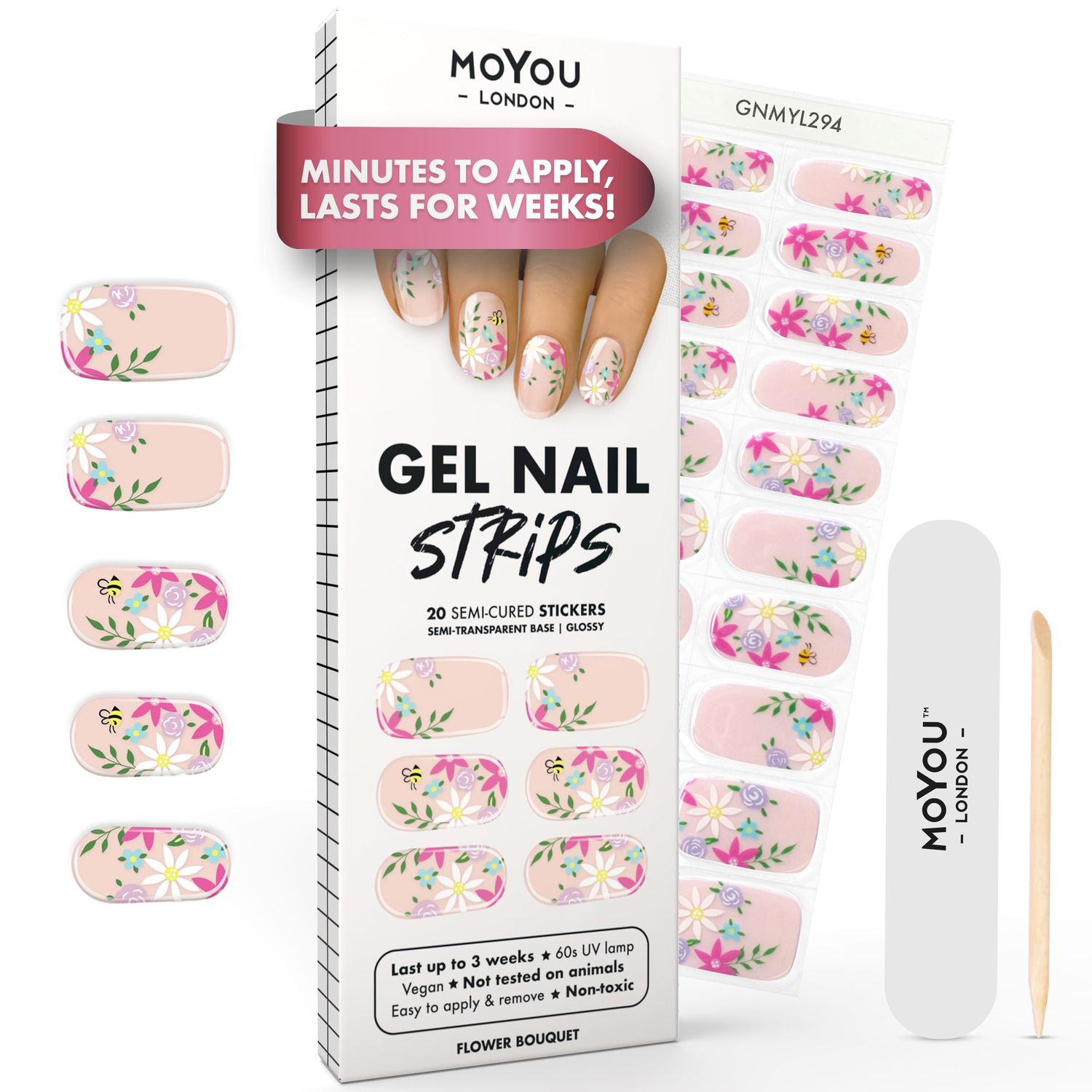 MOYOU LONDON Semi Cured Gel Nail Strips - 20 Pcs. Gel Nail Wraps for Salon-Quality Manicure - Works with Any UV Lamp - Easy to Apply, Trim, &amp; Remove Nails Stickers