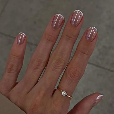 Chrome French Tip Press on Nails Extra Short Square Shaped Fake Nails Glossy Pink False Nails with Designs Full Cover Acrylic Nails Stick on Nails for Women Nails Manicure Decoration 24 Pcs