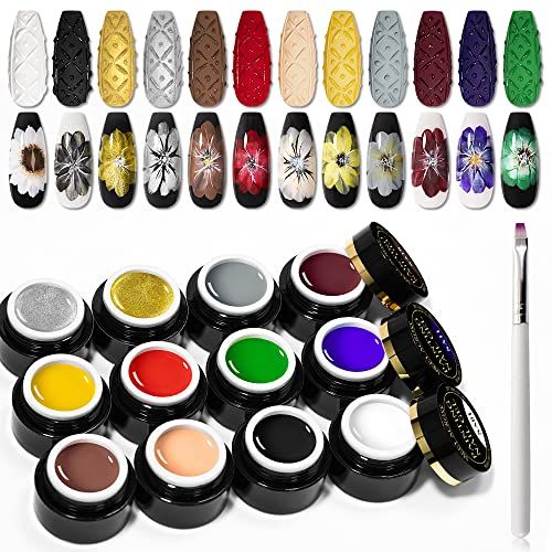 MEET ACROSS 12 Colors Painting Gel, Gel Nail Polish Kit with Painting Drawing Nail Brush Pen, Soak Off UV LED Gel Polish Set, Gel Paint for Nail Art Drawing Gel Nail for Art Design