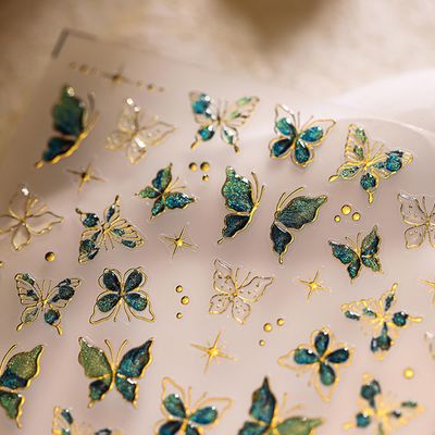 Butterfly Nail Art Stickers Decals, 5D Embossed Nail Art Supplies Cute Nail Design Green Butterfly Nail Decals for Nail Art Self Adhesive Gold Butterfly Nail Stickers for Women DIY Manicure Art 1Pcs