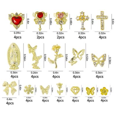 64PCS Gold Nail Charms Set with Y2k Alloy Steel Gems, Rose,ButterflyDiamondsHearts, Gold Cross Nail Charmswith Rhinestone Nail Jewel Shiny Jewelry Nail Decoration Accessories Supplies