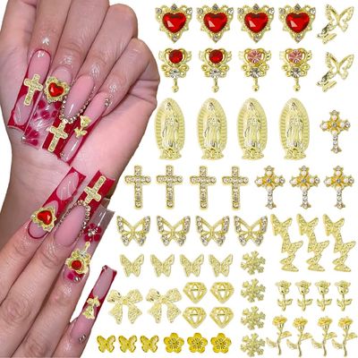 64PCS Gold Nail Charms Set with Y2k Alloy Steel Gems, Rose,ButterflyDiamondsHearts, Gold Cross Nail Charmswith Rhinestone Nail Jewel Shiny Jewelry Nail Decoration Accessories Supplies