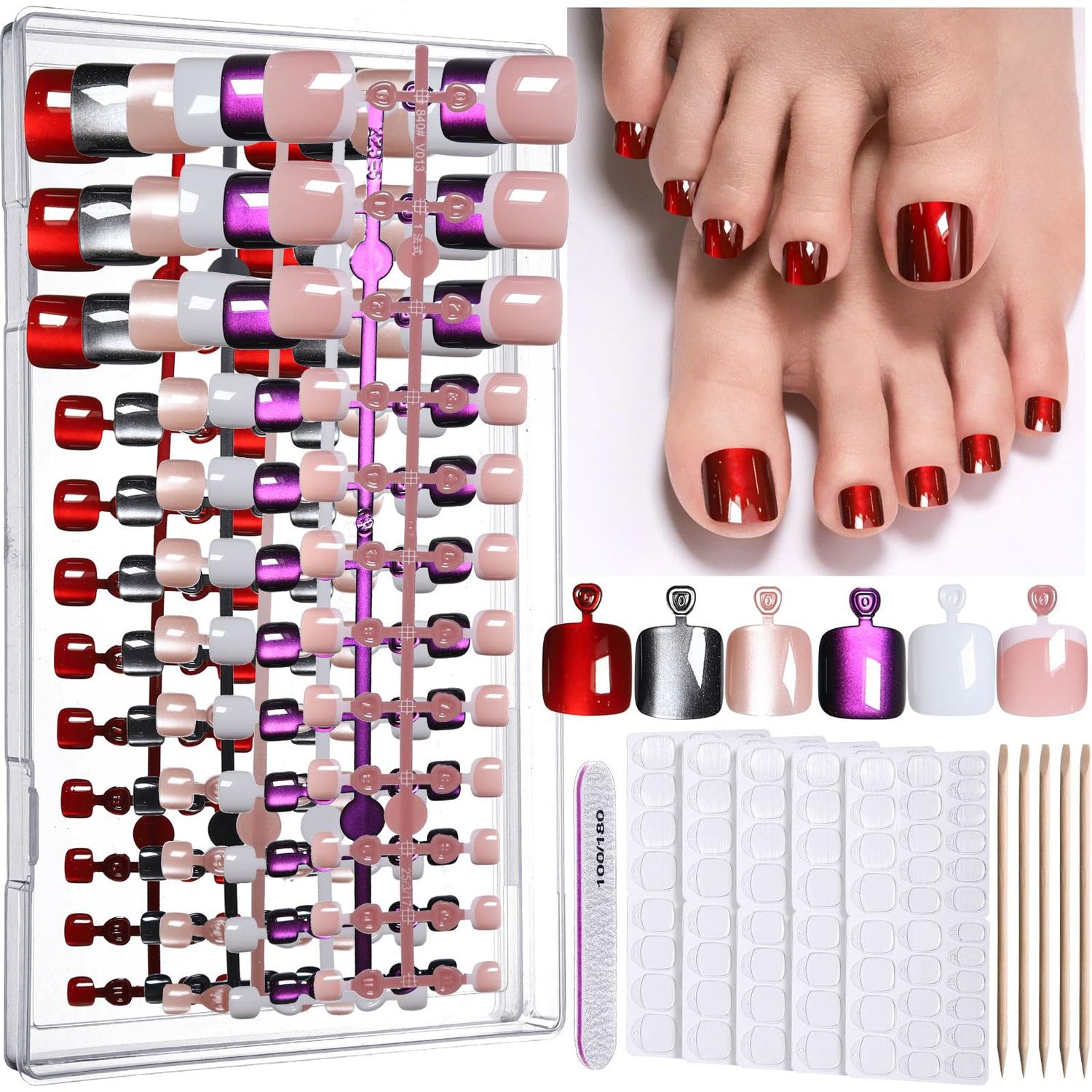 FANDAMEI Press on Toenails, 6 Colors Press On Toe Nails Short Square, French Tips Cat Eye Toe Press Ons for Women &amp; Girls, Glossy Toe Fake Nails for Nail Art