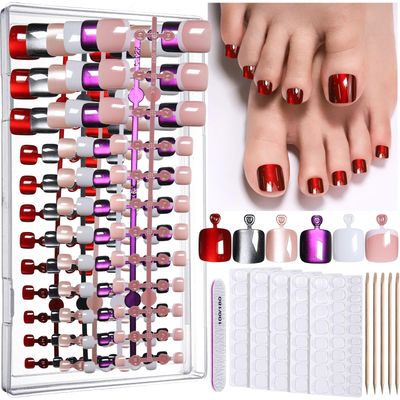 FANDAMEI Press on Toenails, 6 Colors Press On Toe Nails Short Square, French Tips Cat Eye Toe Press Ons for Women &amp; Girls, Glossy Toe Fake Nails for Nail Art