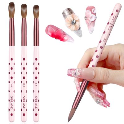SAVILAND Essentials 3PCS Acrylic Nail Brush Set: Size 8/10/14 Kolinsky Acrylic Brush Professional Nail Brushes for Acrylics Powder, 3D Carving &amp; Nails Extensions, Pink Manicure Tool for DIY Home Salon