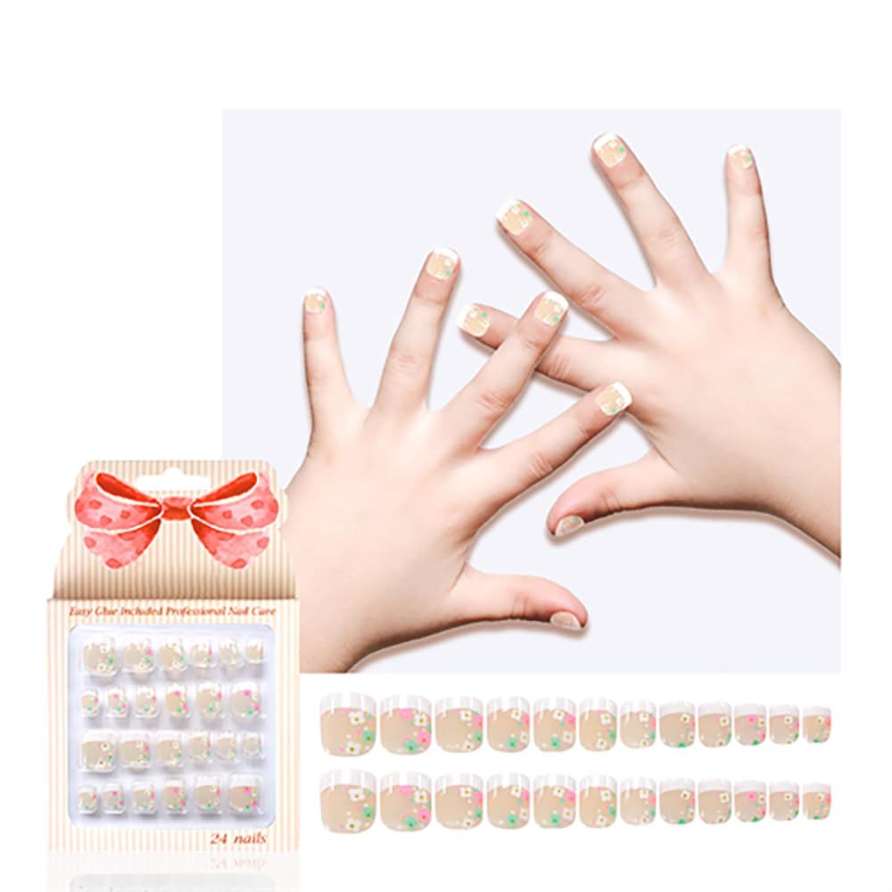 Kawyehu Kids Press on Nails Children Fake Nails Artificial Nail Tips Adhesive Full Cover Short False Fingernails for Girls Kids Nail Decoration (Flower French)