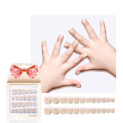 Kawyehu Kids Press on Nails Children Fake Nails Artificial Nail Tips Adhesive Full Cover Short False Fingernails for Girls Kids Nail Decoration (Flower French)