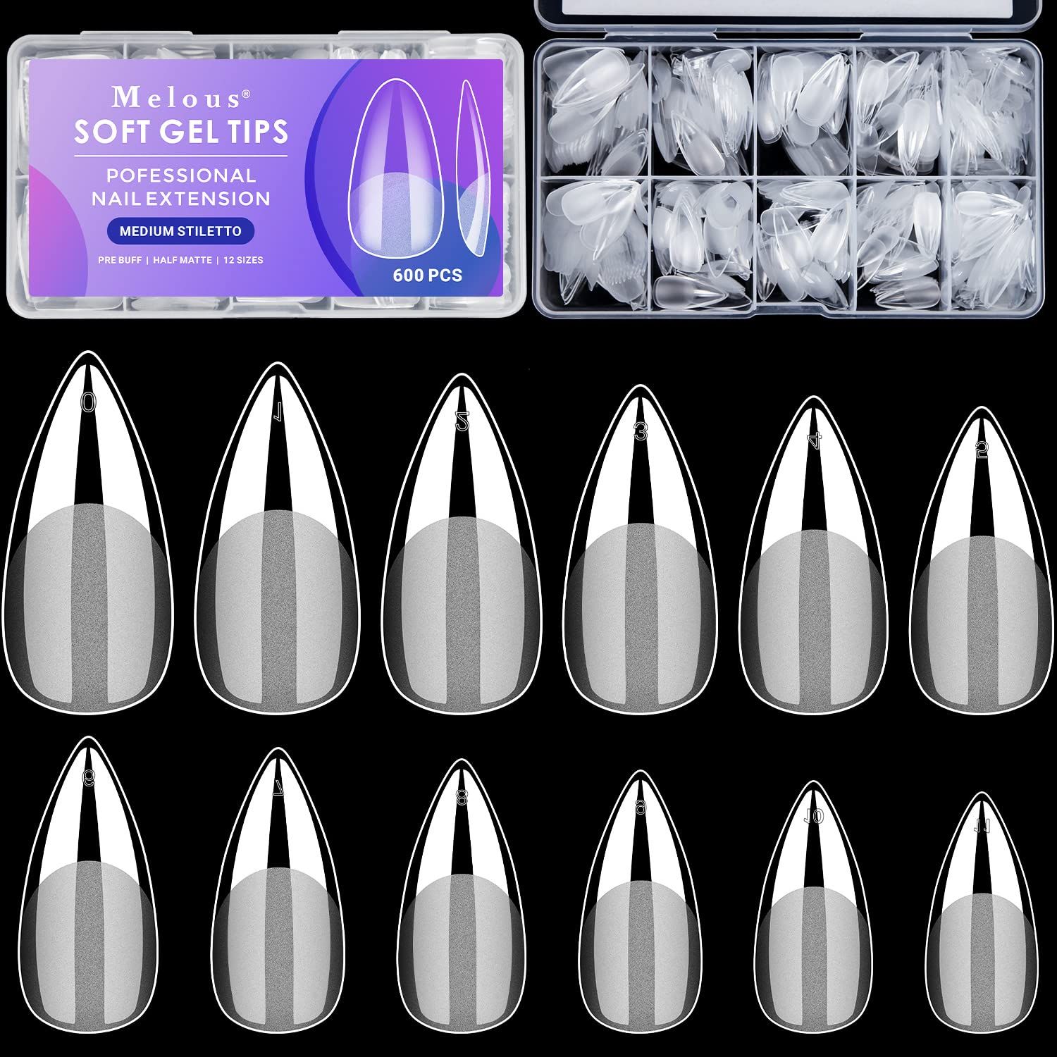 Medium Stiletto Soft Melous 600PCS Pre Buff Full Cover Half Matte Gel Nail Tips