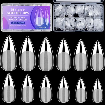 Medium Stiletto Soft Melous 600PCS Pre Buff Full Cover Half Matte Gel Nail Tips