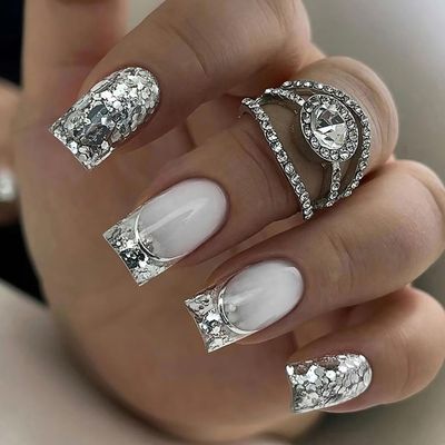 Press on Nails Medium Length Silver French False Nails Silver Glitter Powder Sequins Design Fake Nails Square Nails 24Pcs Full Cover Glossy Reusable Coffin Nails Glue on Nails for Women