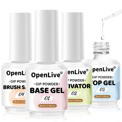 OpenLive Dipping Powder Liquid Set Steps 1-4 (Base Coat, Activator, Matte Sealer, Cleaning Brush Water) and 4 Nail Replacement Brushes, Large Capacity, Suitable for Nail Art Beginners.