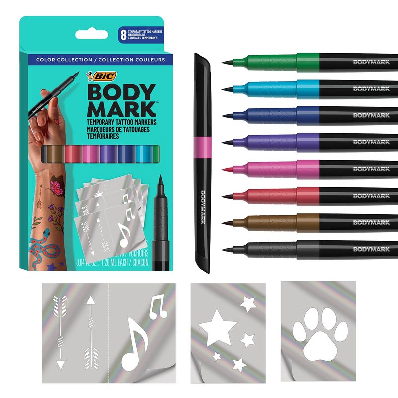 BodyMark Temporary Tattoo Markers, 8-Count Color Collection, Skin-Safe &amp; Cosmetic Quality, Cruelty-Free, Long-Lasting, Flexible Brush Tip, Stencils Included