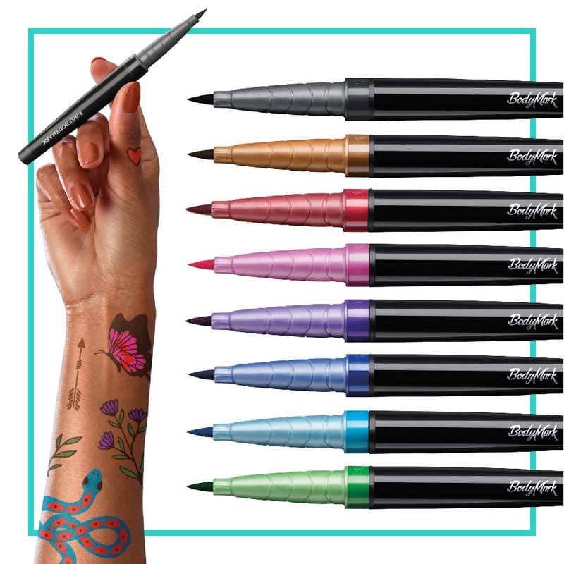 BodyMark Temporary Tattoo Markers, 8-Count Color Collection, Skin-Safe &amp; Cosmetic Quality, Cruelty-Free, Long-Lasting, Flexible Brush Tip, Stencils Included