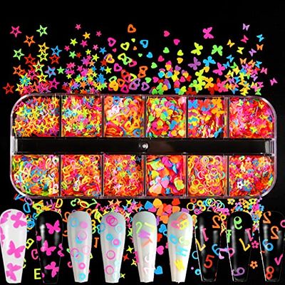 Luminous Nail Art Sequins, Fluorescent 3D Nail Glitter Flakes Design, Butterfly Flowers Stars Heart Letters Nail Decorations Holographic Acrylic Supplies Accessories False Nails Manicure Confetti Kit