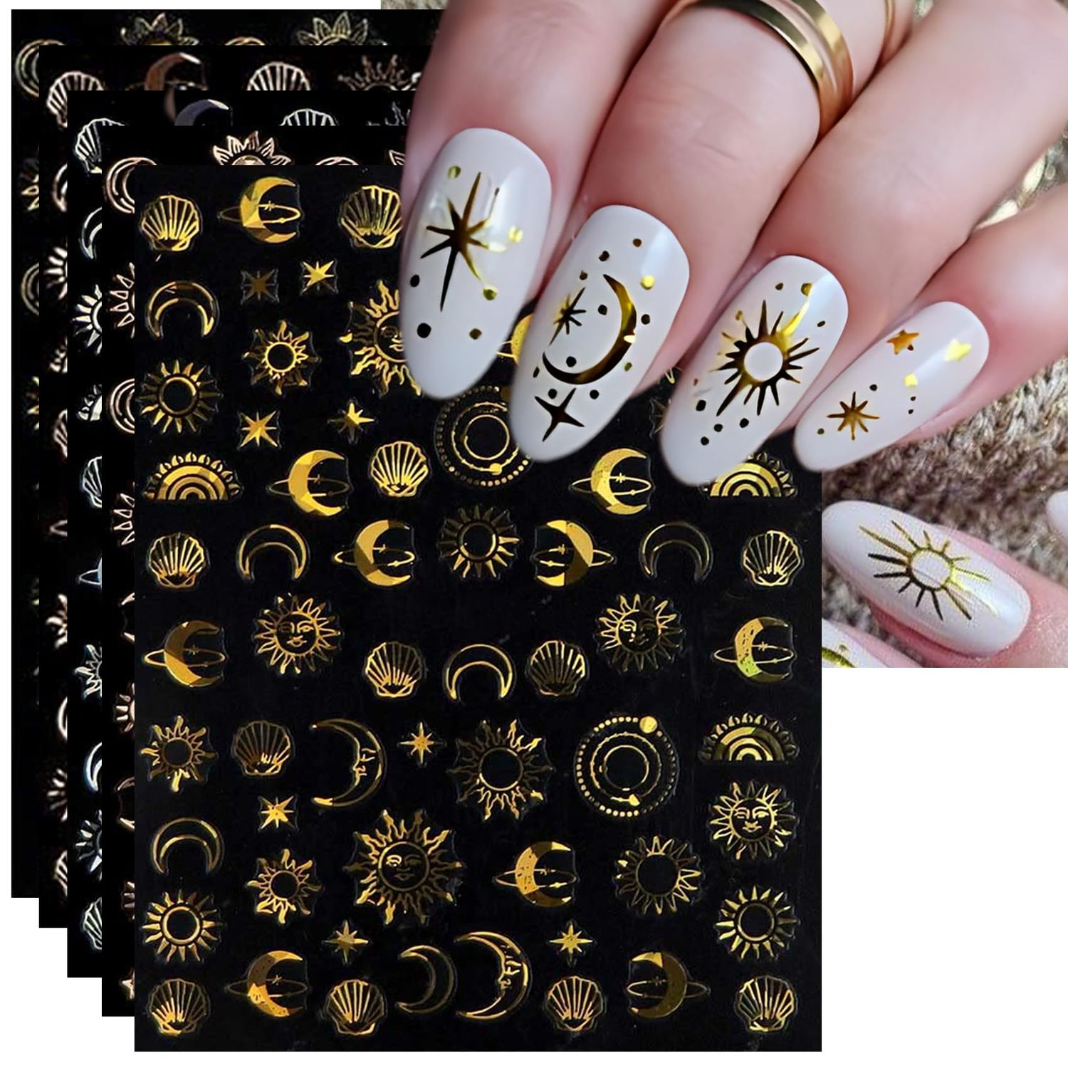 IDDFEVE Gold Sun Nail Art Stickers - Sliver Moon Star Self-Adhesive 3D Nail Decals for DIY Golden Slivery Manicure (6 Sheets)
