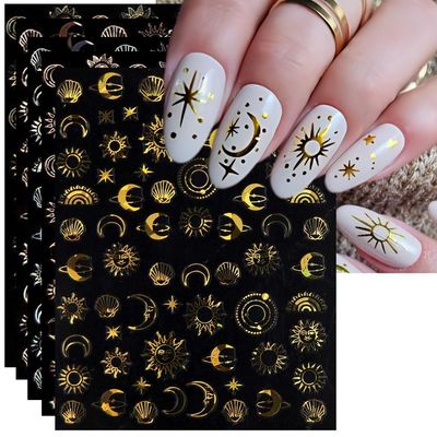 IDDFEVE Gold Sun Nail Art Stickers - Sliver Moon Star Self-Adhesive 3D Nail Decals for DIY Golden Slivery Manicure (6 Sheets)