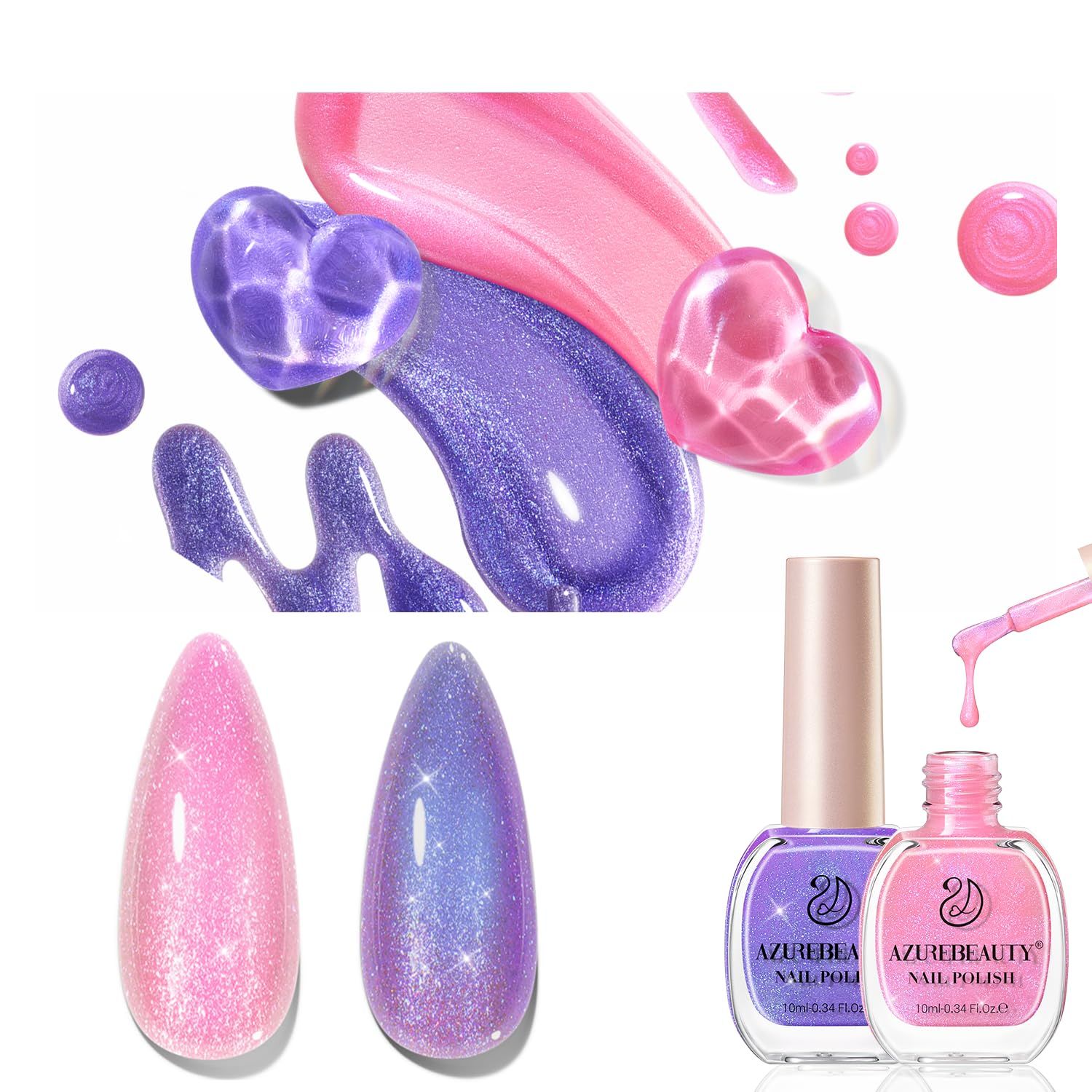 AZUREBEAUTY Nail Polish 2PC Colors Pink Purple holographic Glitter Shimmer ChromeLong Lasting Quick Dry, Natural Lustrous Enamel for DIY Manicure Salon at Home Women Gifts 2Pcs 0.34oz