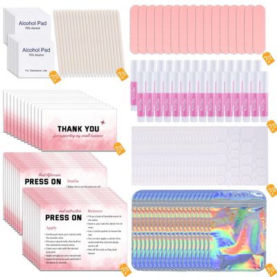 Press On Nail Tool Kit - Disposable Nail Prep Kit with File, Glue, Pads, Instruction Card, Adhesive Tabs, Wood Stick, Holographic Bag (20pcs in pink)