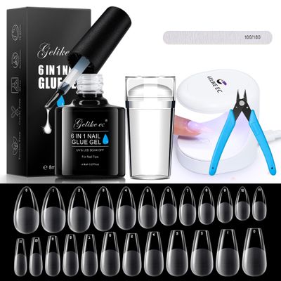Gelike EC Soft Gel Nail Tip and Glue Kit With Almond and Coffin Shape, Ultra-Portable LED Lamp, French Tip Stamp, DIY Art Tools Extension