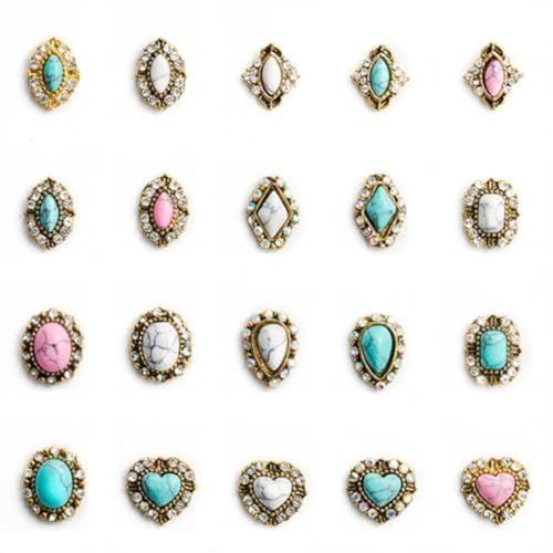 3D Turquoise Western Nail Ornament Mix Blue, White, and Pink Turquoise Charms Nail Art Gemstone Nail Art Jewelry Flower Heart Acrylic Nail Phone Case Card Womens DIY Decoration Products Home (20pcs)
