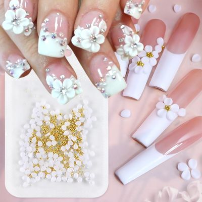 Flowers Nail Charms 3D Resin White Petals Charms for Acrylic Nails Gold Pearls Nail Gems and Rhinestones Floral Nail Art Charms Spring Summer Nail Supplies for Women Nail Decorations (150 pcs)