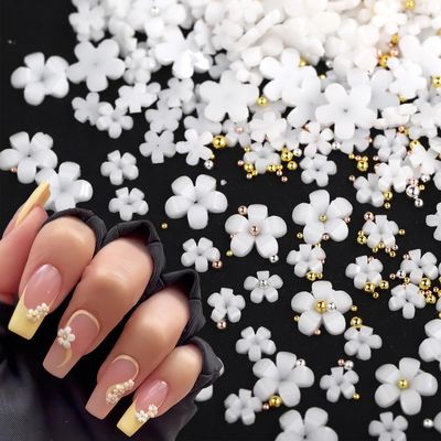 ROFIBUT Nail Charms, 1000Pcs 3D Flower, White Acrylic, Metal, Pearl, Mix Sized, Spring Cherry Blossom Gems Design for Women Nail Decorations