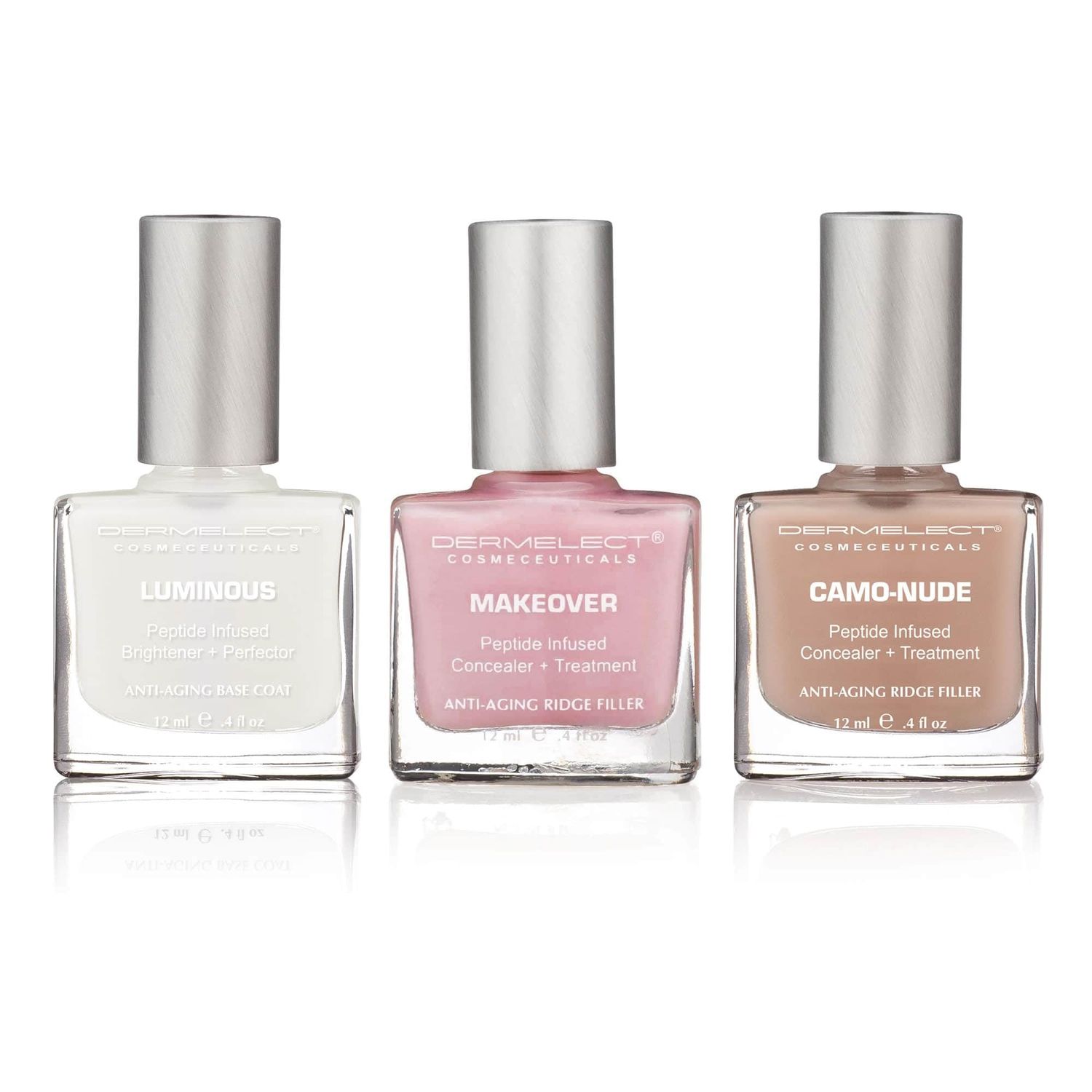 Dermelect Instant Nail Makeover Trio - Luminous Nail Brightener, Makeover Ridge Filler &amp; Camo-Nude Base Coat - Strengthen &amp; Conceal Damaged Nails, Peptide Infused, Nail Repair &amp; Treatment (3 pc Set)