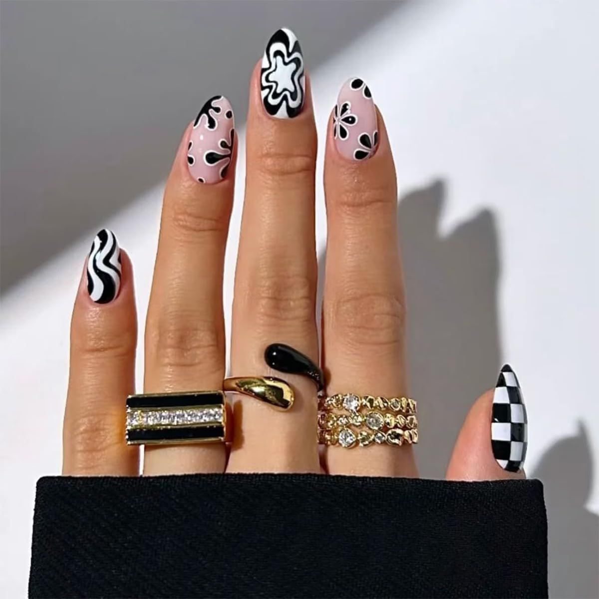 24Pcs Cute Press on Nails Short Almond Fake Nails Black and White Checkerboard Stick on Nails Glossy False Nails with Flower Curve Stripes Designs Reusable Acrylic Artificial Nails for Women Girls
