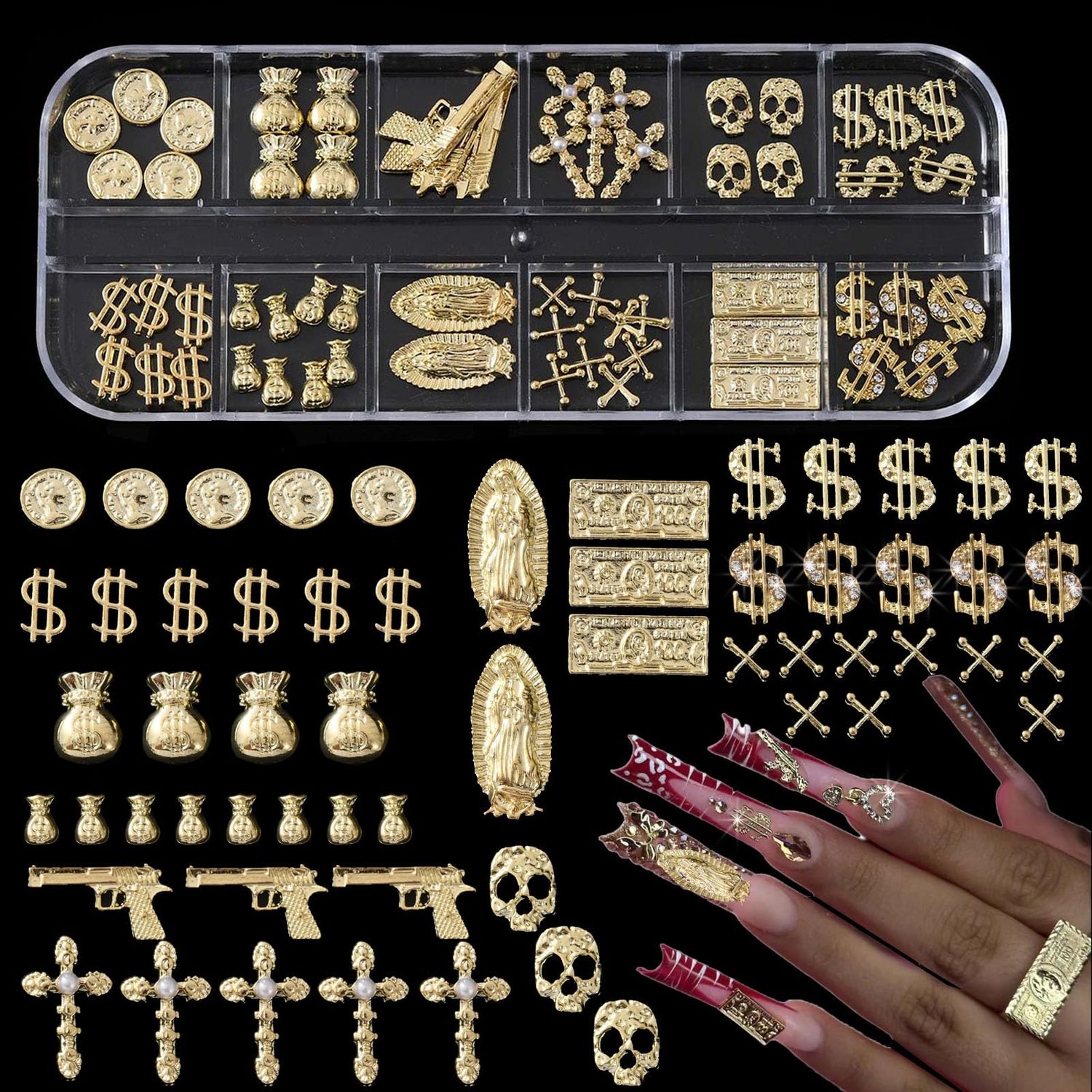 ZUMILLMN 58PCS 3D Nail Charms - Gold Alloy Dollar, Gun, Virgin Mary,Cron &amp; Cross Charms, Shiny Nail Rhinestones for Nail Art, Manicure, DIY Jewelry Making