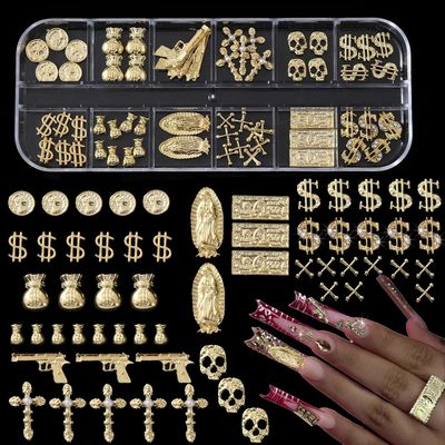 ZUMILLMN 58PCS 3D Nail Charms - Gold Alloy Dollar, Gun, Virgin Mary,Cron &amp; Cross Charms, Shiny Nail Rhinestones for Nail Art, Manicure, DIY Jewelry Making