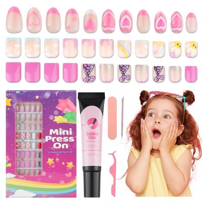 TOROKOM Kids Press On Nails Kit, 130 Pcs 5 Pack Fake Nails for Kids Heart Mermaid Design with Adhesive Tabs, Solid Nail Glue for Ages 8-12