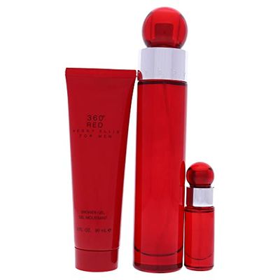 Perry Ellis 360 Red Men 3.4oz EDT Spray, 7.5ml EDT Mini Spray, 3oz Shower Gel 3 Pc Gift Set